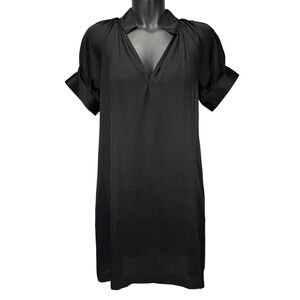 PAUL & JOE SISTER Rendez-Vous Black Satin Flowy V-Neck‎ Shift Dress w/ Pockets M
